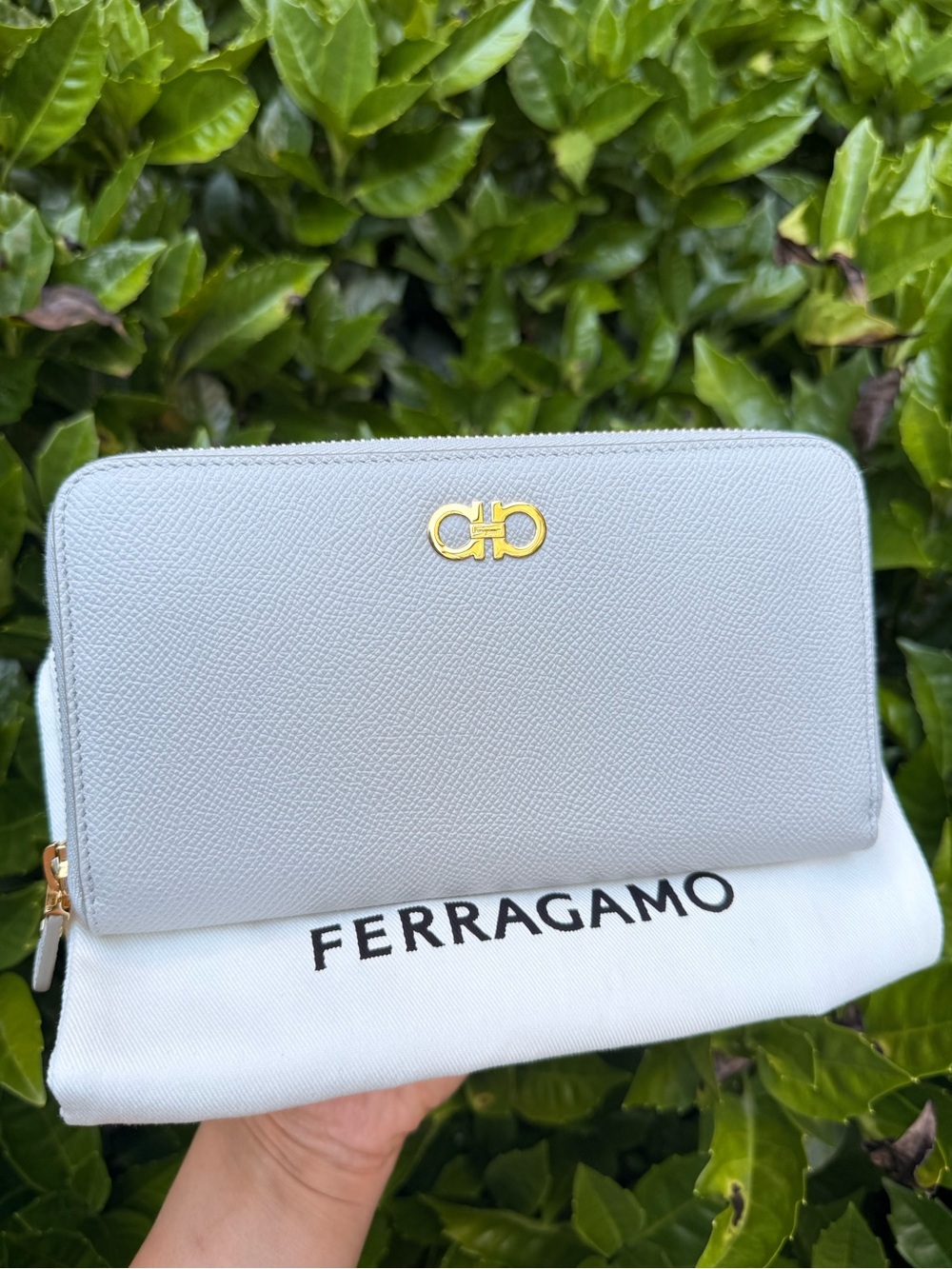 Salvatore Ferragamo Gancini Zip Around Wallet Pale Blue Gray Saffiano Leather